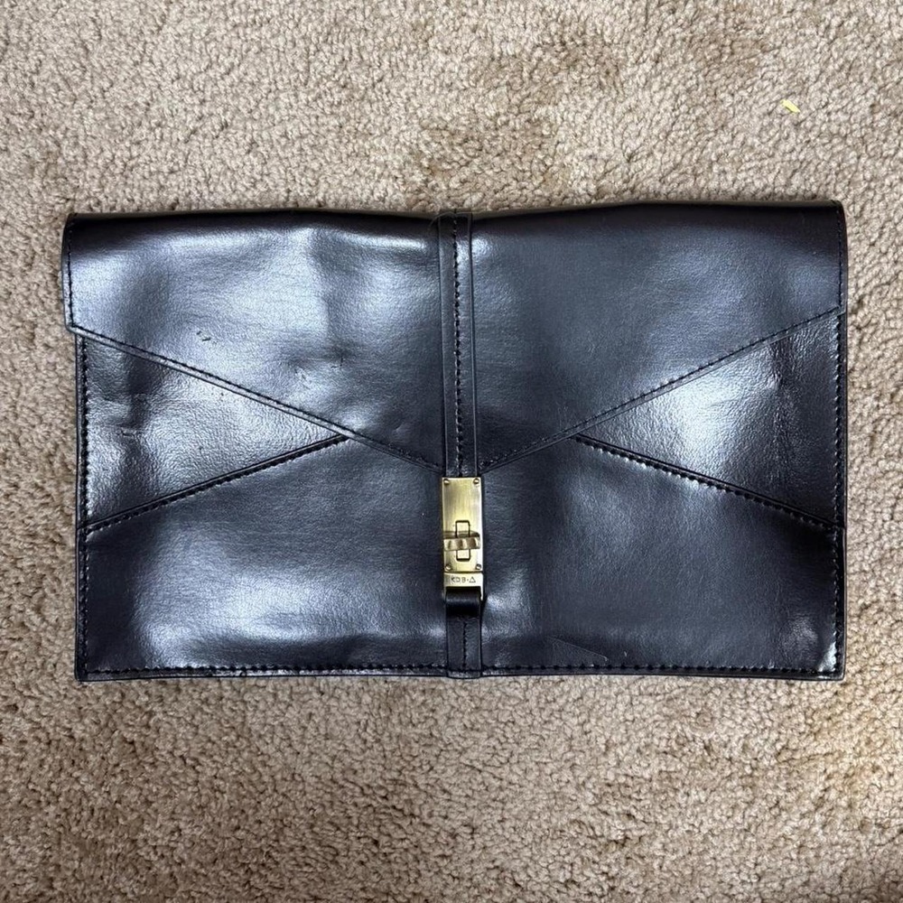 KDBA Black Leather Envelope Clutch Bag Gold Turn Lock Clasp